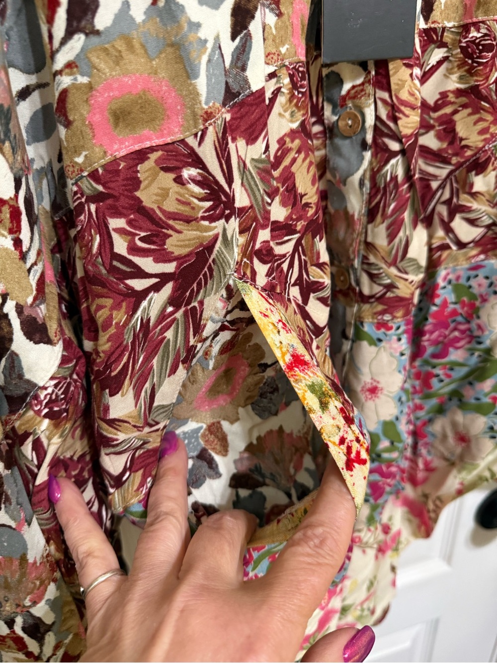 H160 NWT Young Thread M pp29 Floral Patchwork Button-Front Top Pink Olive Dolmen - Picture 6 of 12